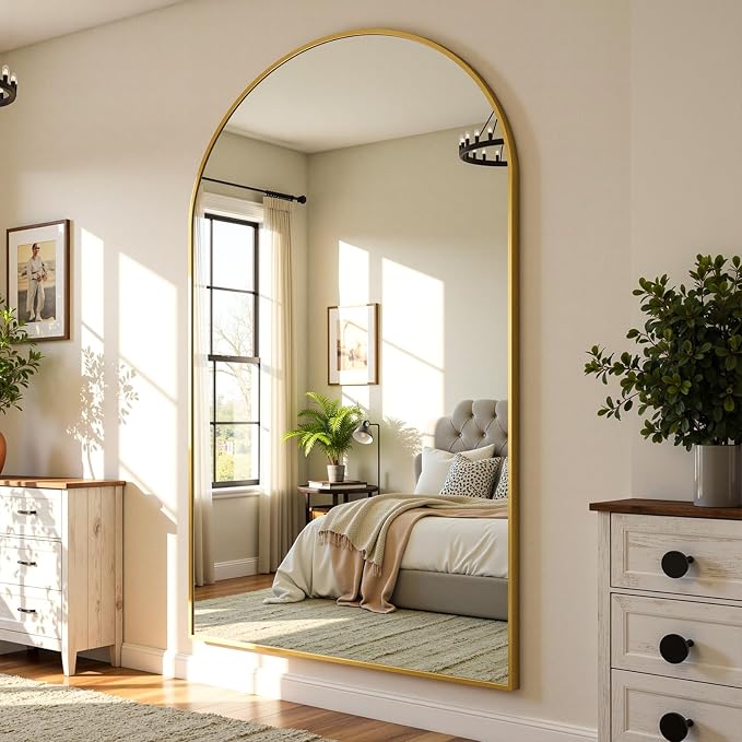 Full Length Mirror 90" L x 46" Full Body Standing Mirror for Bedroom, Living Room, Gym, Dorm - Shatter-Resistant & Easy Assembly, Arched Style Gold