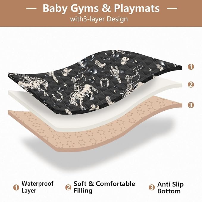 Baby Play Mat Cowboy Western Cactus Vintage 50" X 50" Play Gym Crawling Mat Soft Non-Slip Portable Picnic Floor Mat for Infant, Babies, Toddler, Kids