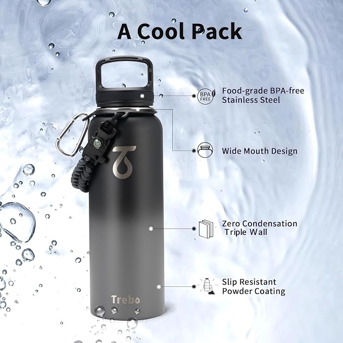 Trebo Water Bottle Insulated 40 oz with 3 Lids, Paracord Handle & Sleeve | Stainless Steel Flask Vacuum, Triple Wall Copper Plated, Dishwasher Safe, Keeps Cold 48Hrs for Hiking, Gym, Wide Mouth