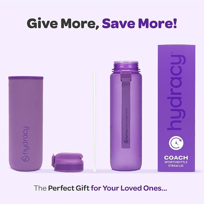 Hydracy Motivational Water Bottle with Time Marker and Straw Lid 32 oz | Leakproof,BPA Free,No Sweat Neoprene Sleeve,Carry Strap,Daily Intake Tracking for Fitness & Outdoors