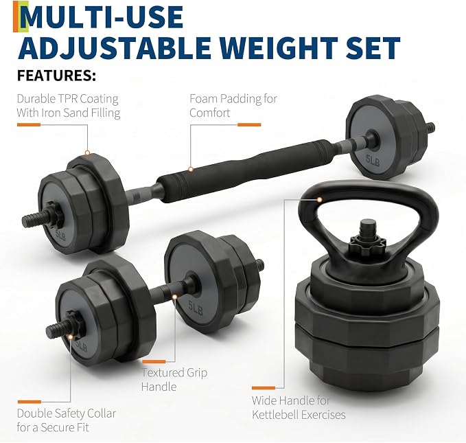 Garvee Adjustable Dumbbells Set 45/65/85 Lbs, 3 In 1 Weight Dumbbell Set | Adjustable Free Weights Set Used As Kettlebells, Barbells, Dumbbells with Barbell Connector & Kettlebell for Home Gym
