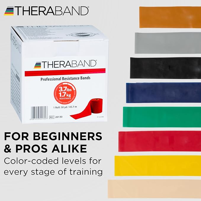 THERABAND Resistance Band, 50-Yard Roll, Latex Elastic Band for Exercise, Stretching, Physical Therapy, Yoga, Pilates, Home Workouts, Cut-to-Length, Color-Coded Levels