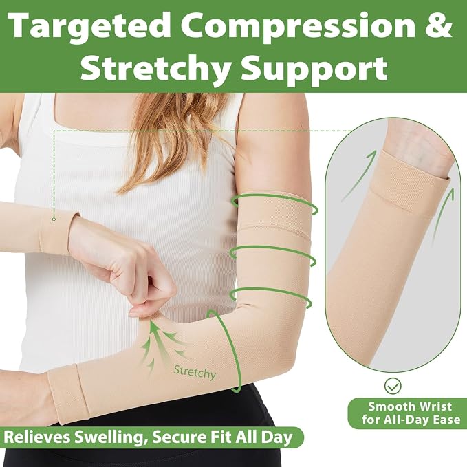 Compression Lymphedema Arm Sleeves for Women, 20-30 mmHg Full Arm Support for Swelling Recovery Circulation