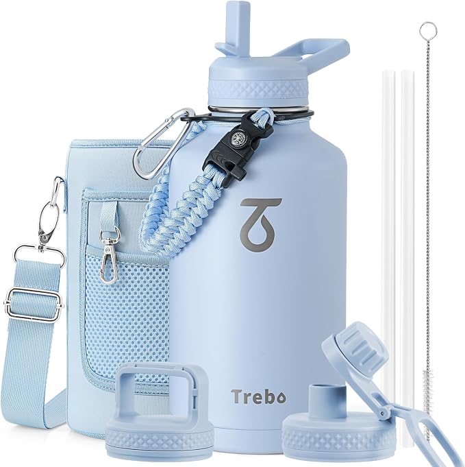 Trebo 64 oz Water Bottle Stainless Steel with 3 Lids, Paracord Handle & Bag | Half Gallon Large Insulated Jug, Triple Wall Vacuum Copper Plated, Dishwasher Safe, Cold 48Hrs for Outdoor, Hiking, Gym