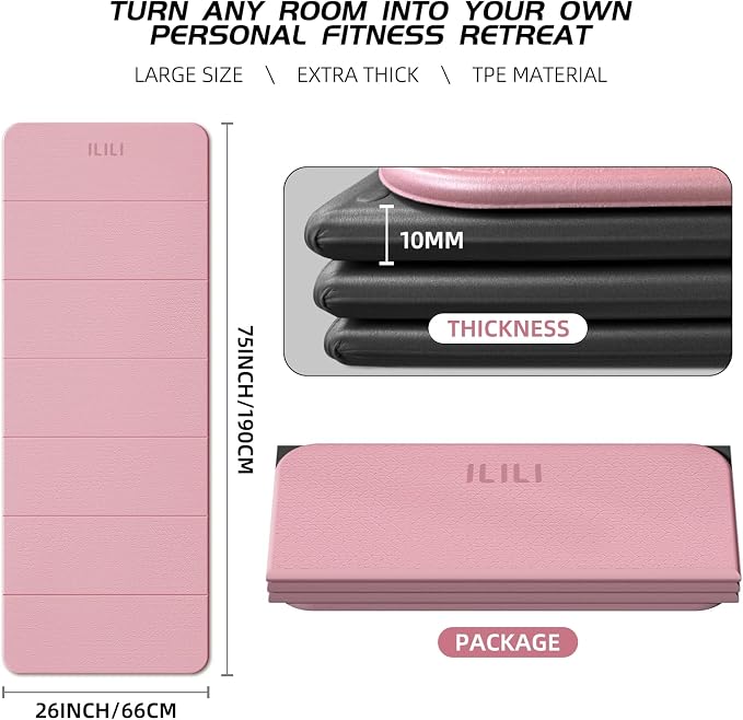 ILILI Foldable Yoga Mat 10mm, Extra Thick, Extra Long, 75x26x0.4 Inch, TPE | Non-Slip Grip, Easy Carry&Storage, Comfort Cushion, SGS Safe, Suitable for Yoga, Pilates, Home Exercise&Outdoor Travel