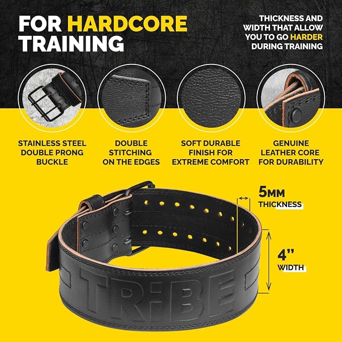 5mm Genuine Leather Weight Lifting Belt for Squats and Deadlifts | 4-inch lumbar support, two-prong buckle, double-layer construction, comfortable adjustable fit for heavy lifts