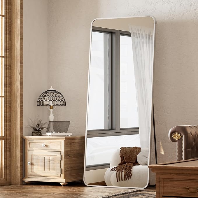 BEAUTYPEAK 65" x 24" Rounded Corner Full Length Mirror with Stand, Silver | Aluminum Alloy Frame with Standing, Leaning, or Wall-Mounted, Ideal for Bedroom, Dressing Room, Entryway, and Living Room