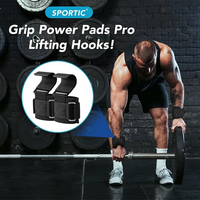 SPORTIC Weight Lifting Hooks (Pair) - Heavy Duty Lifting Wrist Straps, Hand Grip Support for Deadlifts, Pull Ups, Shrugs, Weightlifting Hooks Gym Gloves for Men and Women