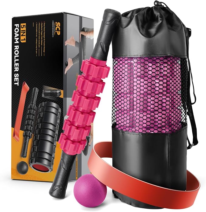 SUBCULTUREPICK 5 in 1 Foam Roller Set for Deep Tissue Muscle Massage | High Density Fitness Exercise Foam Roller, Muscle Roller, Massage Ball, Resistance Band, for Whole Body Physical Therapy Pink