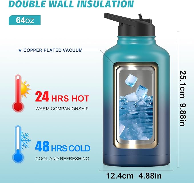 64oz Insulated Water Bottle (Cold for 48 Hrs),BPA Free&Leak Proof,Half Gallon Stainless Steel Water Flask,Water Jug with Straw Spout Lids for Gym,Hiking,Camping,Gradient Blue