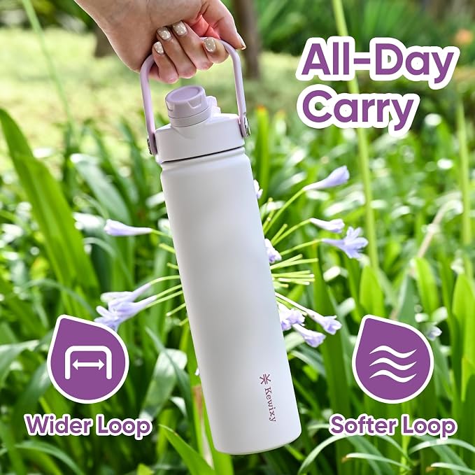 KEWIXY 24 oz Insulated Water Bottle, 2-in-1 Lid, Straw & Spout with Protected, Leak Proof, Keep Cold, Stainless Steel, Metal, Reusable, Handle, for Travel, Gym and School, 2 Lids, Pale Mauve
