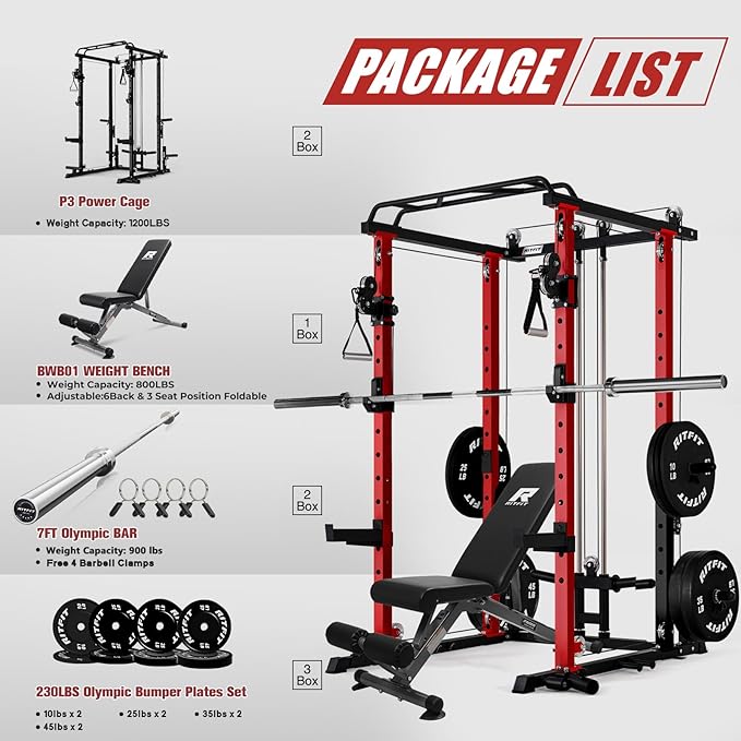 RitFit PPC-P3 Power Cage with Cable Crossover System, 1200LB Capacity | LAT Pulldown & Cable Crossover System with Bumper Plate Set, Olympic Barbell, Bench