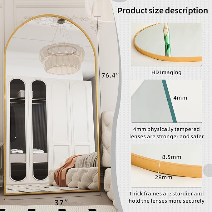 LFT HUIMEI2Y 76.4"x37" Arch Full Length Mirror, Gold Floor Mirror | Tempered Oversized Mirror Full Body with Aluminum Alloy Frame; Standing, Leaning, or Wall Mount for Bedroom, Living Room
