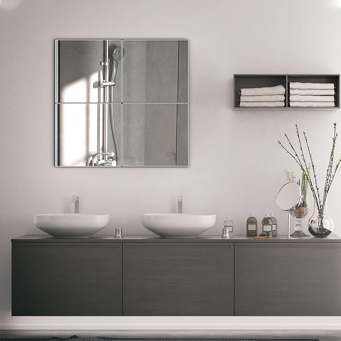 Unbreakable Wall Full Length Mirror Tiles, Long Mirrors for Wall, 4 PCS 10x10 Inch, Full Body Mirror Stickers, Acrylic Mirror' Kids, Over The Door, Wall-Mounted Bedroom, Workout Mirrors for Home Gym