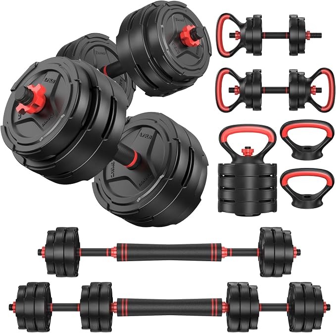 PASYOU Adjustable Dumbbell Set, 45lbs Free Weight Set with Connector, 5 in 1 Weight Set Used as Kettlebells, Barbell, Push up Stand, Fitness Exercises for Home Gym Suitable Men/Women