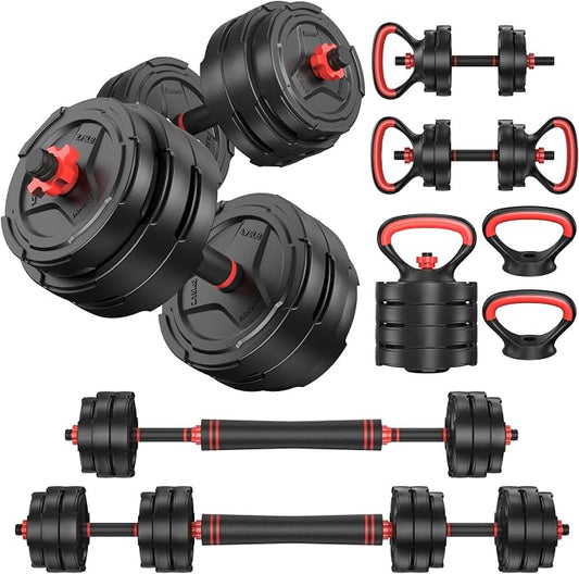 PASYOU Adjustable Dumbbell Set, 45lbs Free Weight Set with Connector, 5 in 1 Weight Set Used as Kettlebells, Barbell, Push up Stand, Fitness Exercises for Home Gym Suitable Men/Women