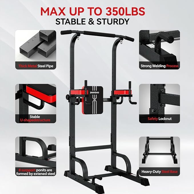 Pull Up Bar Power Tower Dip Station, 450LB Adjustable Home Gym Equipment | 11-height adjustment supports pull ups, dips, knee raises, push ups and versatile full-body strength training