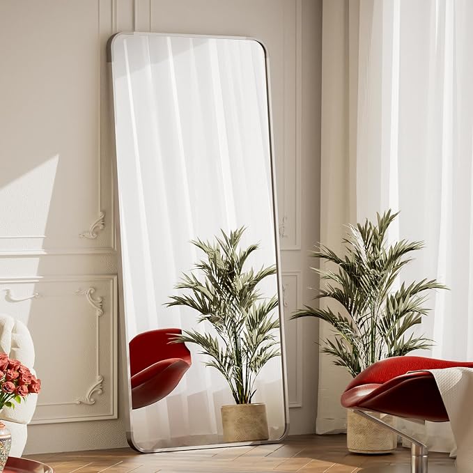 BEAUTYPEAK 65" x 24" Rounded Corner Full Length Mirror with Stand, Silver | Aluminum Alloy Frame with Standing, Leaning, or Wall-Mounted, Ideal for Bedroom, Dressing Room, Entryway, and Living Room