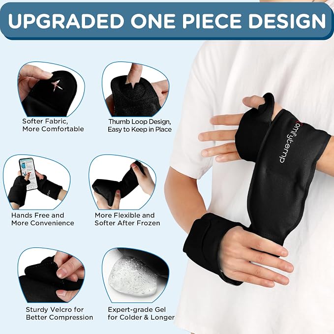 Comfytemp Wrist Ice Pack Wrap for Carpal Tunnel Relief, 2 Packs, Black | HSA Store FSA Eligible Items, Hot Cold Compress Brace for Hand Injury Reusable, Tenosynovitis, Recovery Item for Men Women