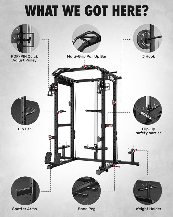 RH01 Power Cage Rack, 2000LBS Squat Rack with with Cable Crossover System&LAT Pull Down System, Multi-Function Workout Cage for Home&Garage Gym