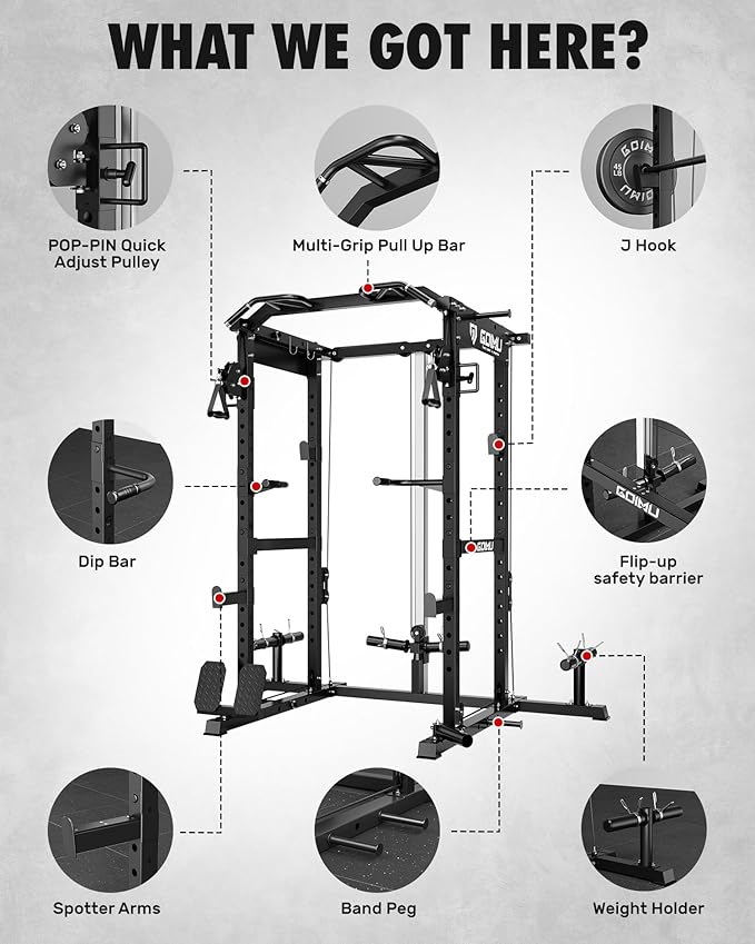 RH01 Power Cage Rack, 2000LBS Squat Rack with with Cable Crossover System&LAT Pull Down System, Multi-Function Workout Cage for Home&Garage Gym