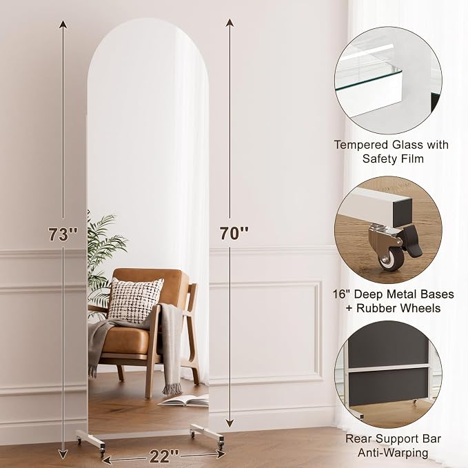 70” x 22” Arched Full Length Floor Mirror, Lockable Wheels for Easy Moving & No Wobble, Shatter‑Resistant Glass for Worry‑Free Practice, Ideal for Home Dance, Yoga & Gym, White Metal Frame