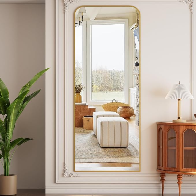 Full Length Mirror 71"x26" Arched Floor Standing Large Mirrors | Full Body Mirror with Stand - with Aluminum Frame for Bedroom Living Room, Gold