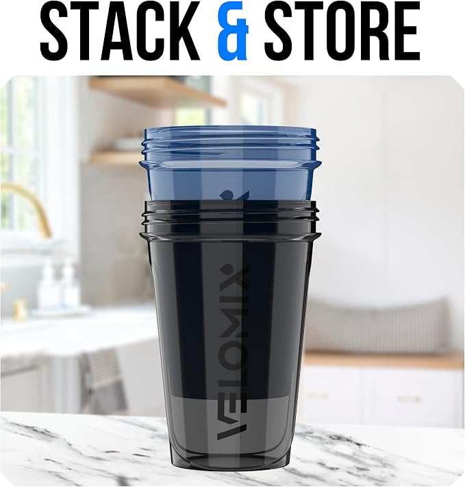 VELOMIX 2 Pack 20oz Protein Shaker Bottle for Protein Mixes, Blue/Black | 2x Wire Whisk, Leak Proof Shaker Cups for Protein Shakes, Stackable, Dishwasher safe, BPA free, Pre Workout and Gym ready