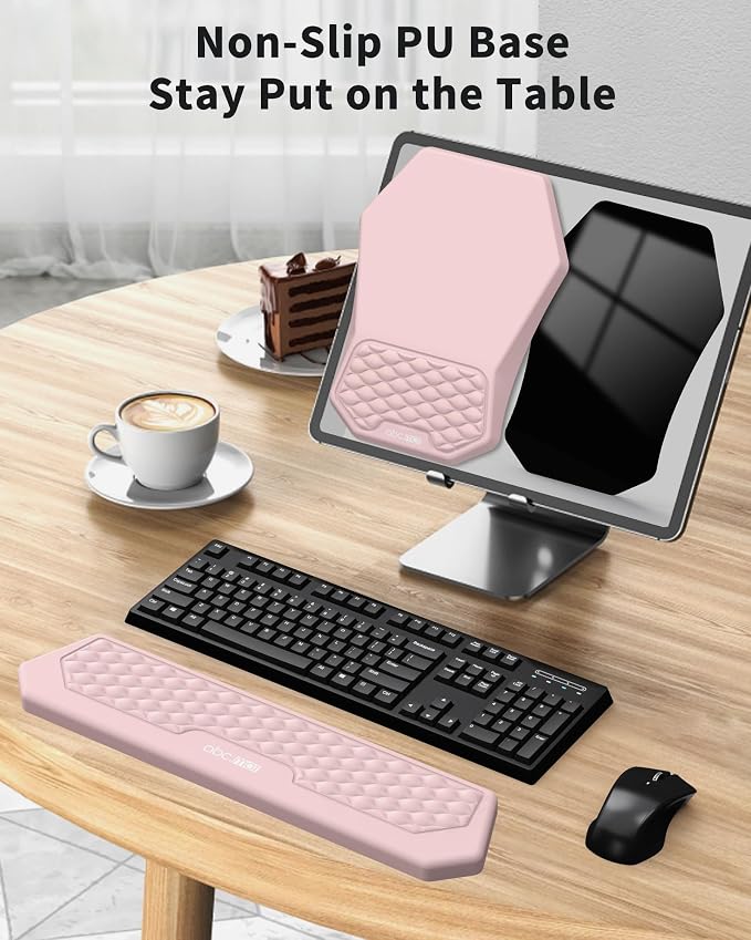 Ergonomic Mouse Pad Wrist Rest and Keyboard Wrist Rest Support Set | Massage Design Mousepad for Carpal Tunnel Pain Relief, Memory Foam, Non-Slip PU Base for Computer Desk, Pink