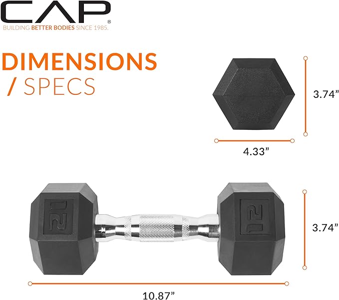 CAP Rubber Coated Dumbbell Weights, Free Weights for Home Gym Strength Training, Anti-Roll Hex Dumbbells with Black, Chrome & Comfort Grip Handles, Pairs & Sets
