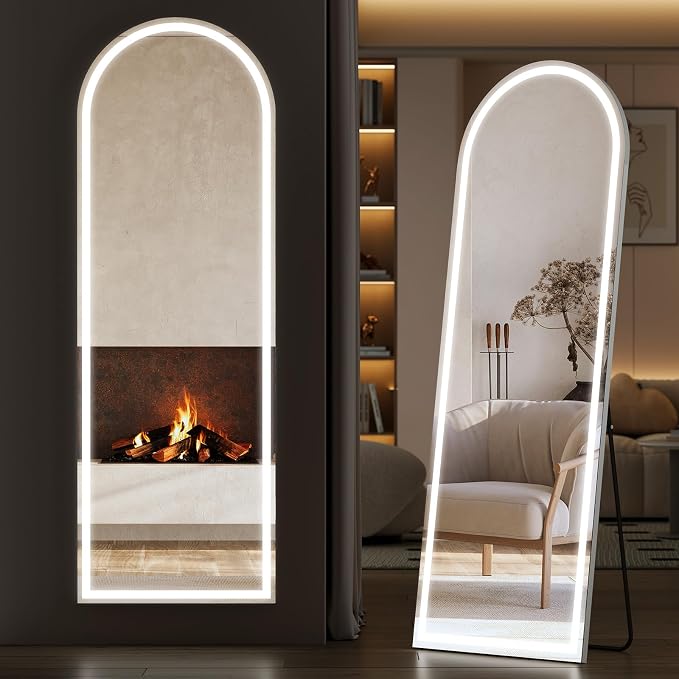 Sweetcrispy LED Arched Full Length Mirror, 63"x21" Full Body Floor Mirror | Standing Mirror with Dimming & 3 Color Lighting, Shatterproof Tempered Glass, Wall Hanging or Leaning for Home Decor, White