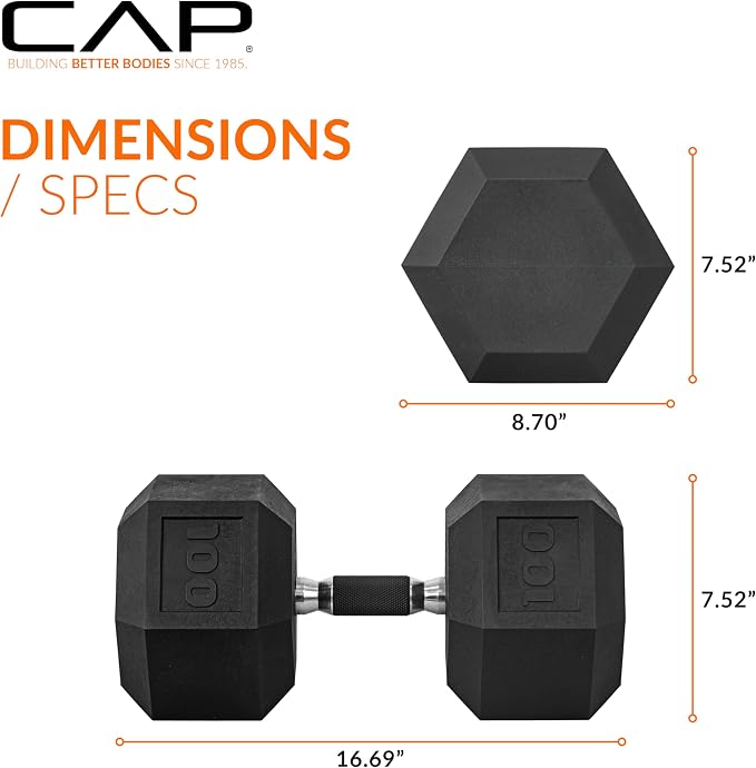 CAP Rubber Coated Dumbbell Weights, Free Weights for Home Gym Strength Training, Anti-Roll Hex Dumbbells with Black, Chrome & Comfort Grip Handles, Singles