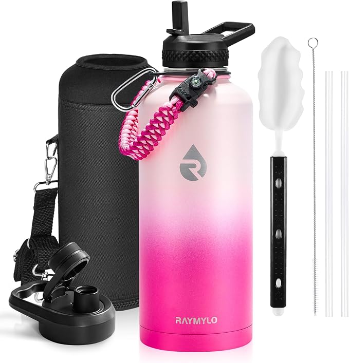 RAYMYLO Insulated Water Bottle 87 oz, Triple Wall Vacuum Stainless Steel | Cold for 48 Hrs), Leak Proof & Non-BPA, Modern Water Flask Jug with Paracord Handle & Straw Spout Lids, Ombre Pink