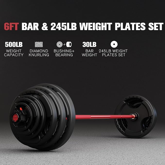 RitFit Barbell Weight Set - 4/6FT Olympic Barbell with Weight Plates (55-115LB Total) - Weightlifting Equipment for Squats, Curls, Deadlifts, Presses, Hip Thrusts