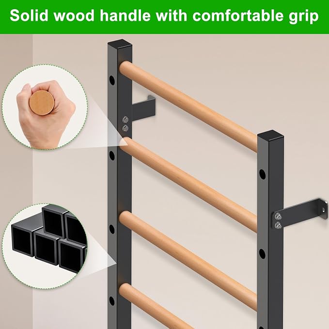 Kipika Gymnastic Wood Stall Bar, 2"x2" Swedish Ladder with 1" Hole | Wall Mounted Pull-up Bar Ladder Suspension Trainer, Solid Wood Grips Gymnastics Training Bar for Home, Wall Gym, School