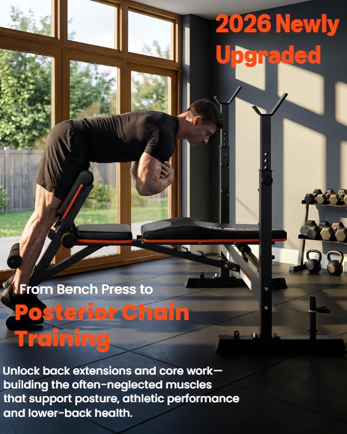 YOLEO 1+X Olympic Weight Bench Set with Rack, Upgraded Roman Chair, Preacher Curl & Leg Extension, 1870LBS Foldable Bench Press System for Full Body & Posterior Chain Training Home Gym
