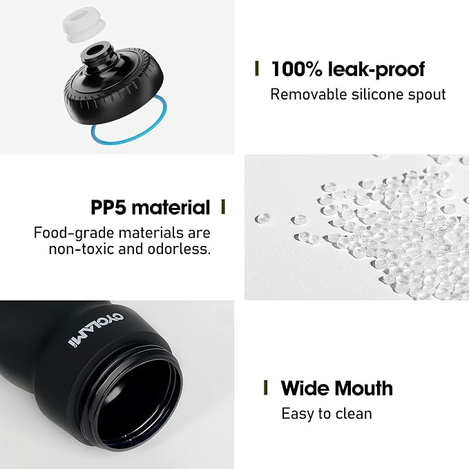 Bike Water Bottle 22oz/650ml Cycling Squeeze Water Bottle BPA Free Leakproof Easy-Squeeze Sports Bottles for Bicycle Gym Camping Hiking Big Pro Black