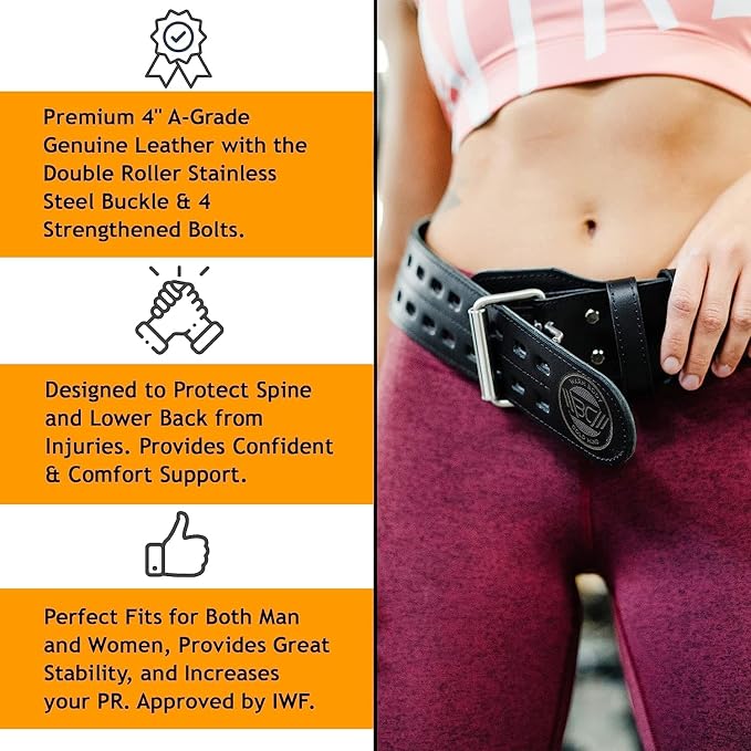 WARM BODY COLD MIND Leather Weight Lifting Belt 4" Adjustable Belt with Buckle for Workout, Squats, Gym, Powerlifting, Olympic Weightlifting, Strength Training. Waist/Back Support