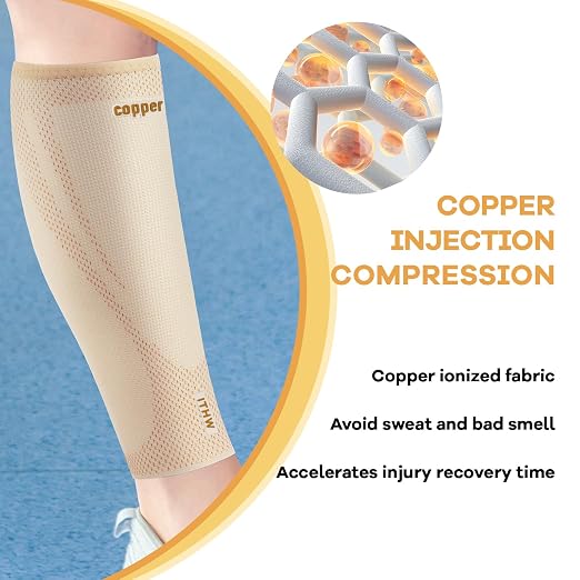 Copper Calf Compression Sleeves for Men & Women - High Stretch | Graduated Compression with Anti-Slip Grip | Breathable & Smooth Lining Footless Design for Runner, Shin Splints
