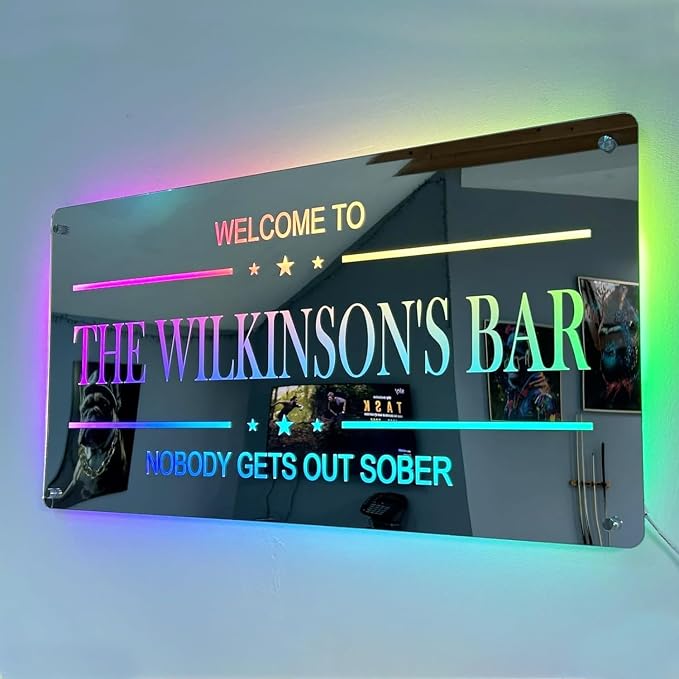 Custom Mirror Bar Sign, Handmade Personalized 3D Bar Led Light Sign for Wall Decor, Light up Mirror Sign for Home Man Cave Club Pub Shop Cafe Party Backard Patio, Best Gift for Dad Men