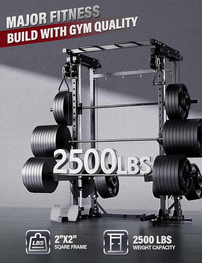 MAJOR FITNESS Drone3 Smith Machine, 2500lbs All-in-One Home Gym Power Rack with Dual Pulley System for Cable Crossover, Pull-Up Bars