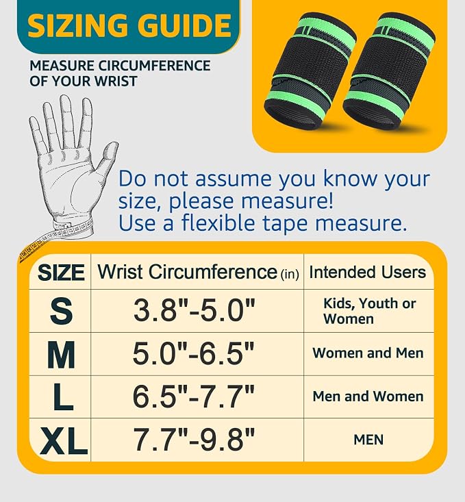 HiRui Wrist Brace Wrist Wraps Compression Wrist Strap, Wrist Support for Work Fitness Weightlifting Sprains Tendonitis, Carpal Tunnel Arthritis, Pain Relief, Adjustable Wristbands 2 PACK (Green, M)