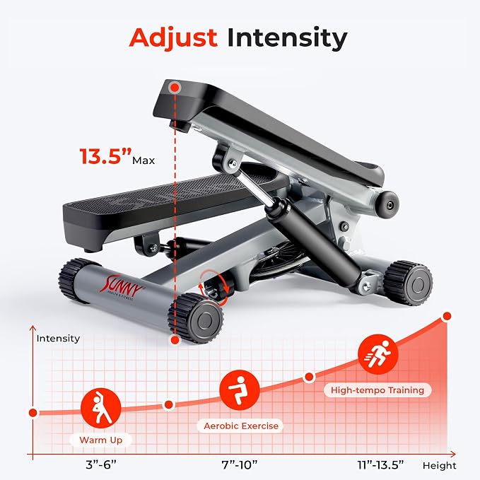 Sunny Health & Fitness Mini Stair Stepper w/Resistance Bands for Home Gym | Full Body Cardio, Adjustable Step Height, Hydraulic Resistance, LCD Meter, No Assembly, 300 lb Capacity, SunnyFit App