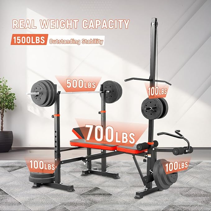 MAIDOMA 8 IN 1 Standard Weight Bench Set with Leg Extension and Leg Curl, Fast Folding & Adjustable Workout Bench for Home Gym,Adjustable Bench Press with Squat Rack.（US Stock）