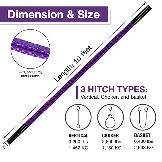 Lift Sling Straps,1" x 10' 2-Ply Heavy Duty Flat Eye Lift Slings | Lifting Sling Strap Not Nylon Tree Saver Recovery Strap Web Sling Rigging Moving Tow Hoist Gear Strap 3200 lb 2600 lb 6400 lb