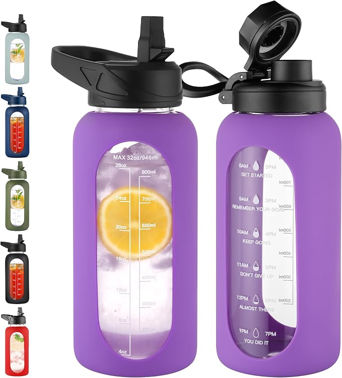 CIVAGO 32 oz Glass Water Bottle with Straw, Large Motivational Water Jug | Time Marker, 2 Leakproof Lids, Wide Mouth, Water Flask Cup with Handle and Silicone Sleeve, for Gym, Sports, Juices, Lilac