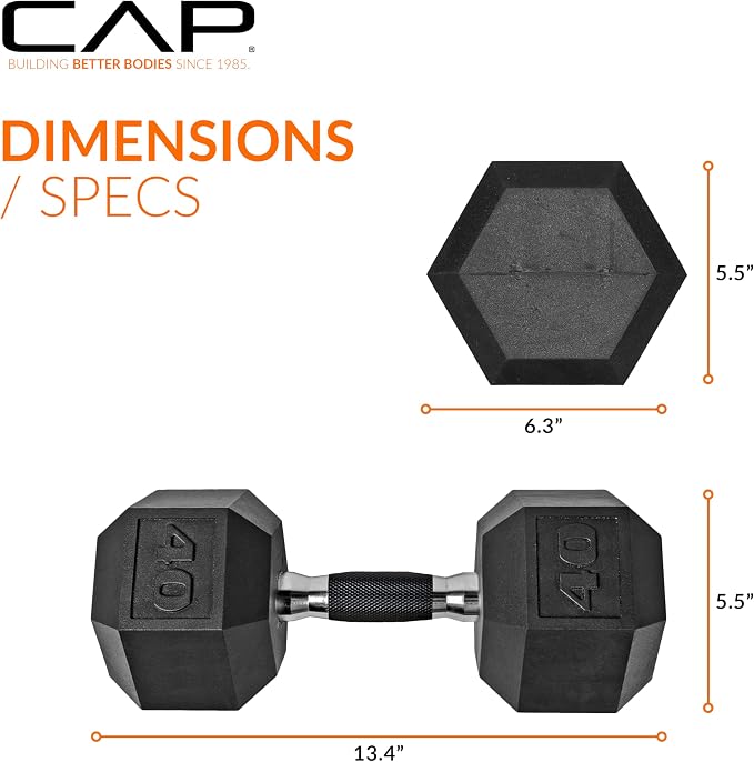 CAP Rubber Coated Dumbbell Weights, Free Weights for Home Gym Strength Training, Anti-Roll Hex Dumbbells with Black, Chrome & Comfort Grip Handles, Singles