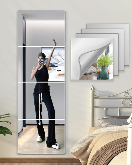 Shatterproof Wall Mirror Full Length for Bedroom, Acrylic Gym Mirrors For Home, Extra Thick : 0.12 Inch, 4 PCS x 16 x 12 Inches, Workout Mirrors Safe for Kids, Over The Door, Long Wall Mounted Mirror
