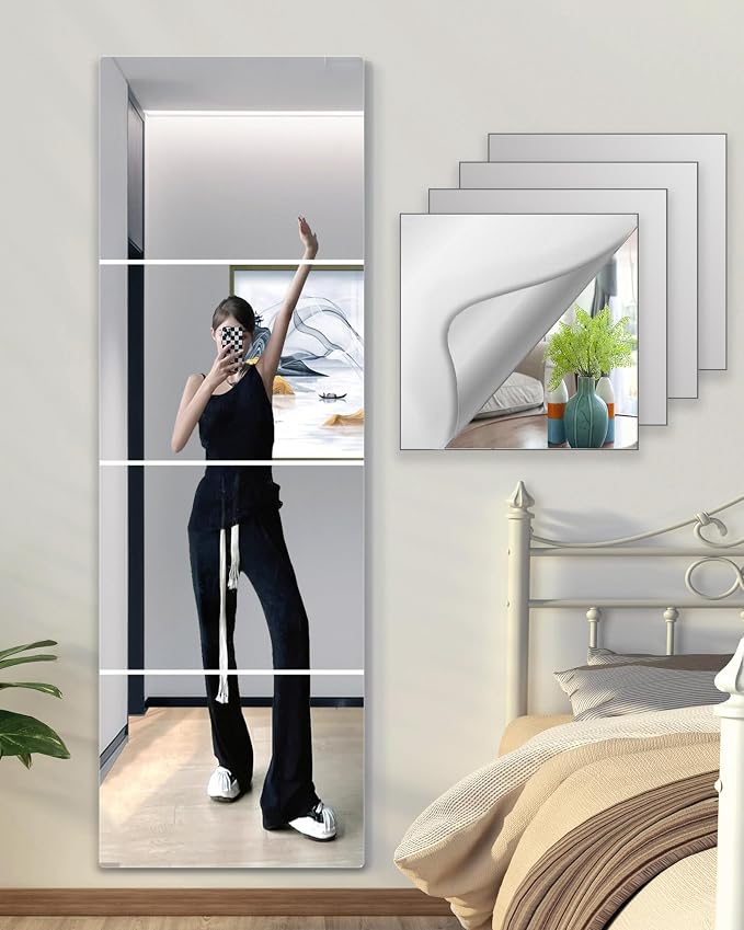 Shatterproof Wall Mirror Full Length for Bedroom, Unbreakable Acrylic Gym Mirror for Home Makeup, 8 x 8 Inches x 4 Pcs, Shaving Mirrors Safe for Kids, Over The Door, Long Hang Plexiglass Wall Mounted