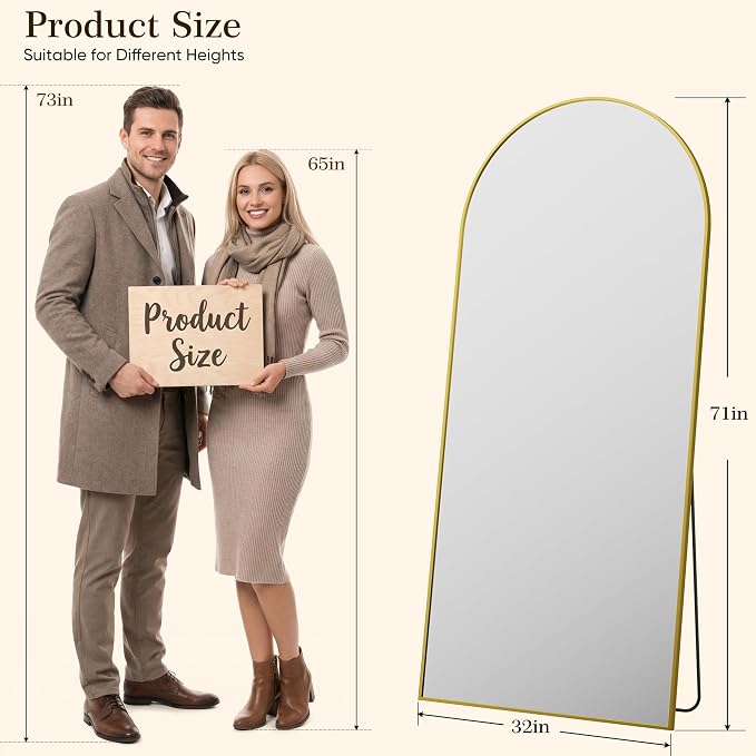 71"x32" Arched Full Length Mirror with Stand, Free Standing Leaning Wall Mounted Aluminum Alloy Frame Mirror for Bedroom Living Room Cloakroom, Gold